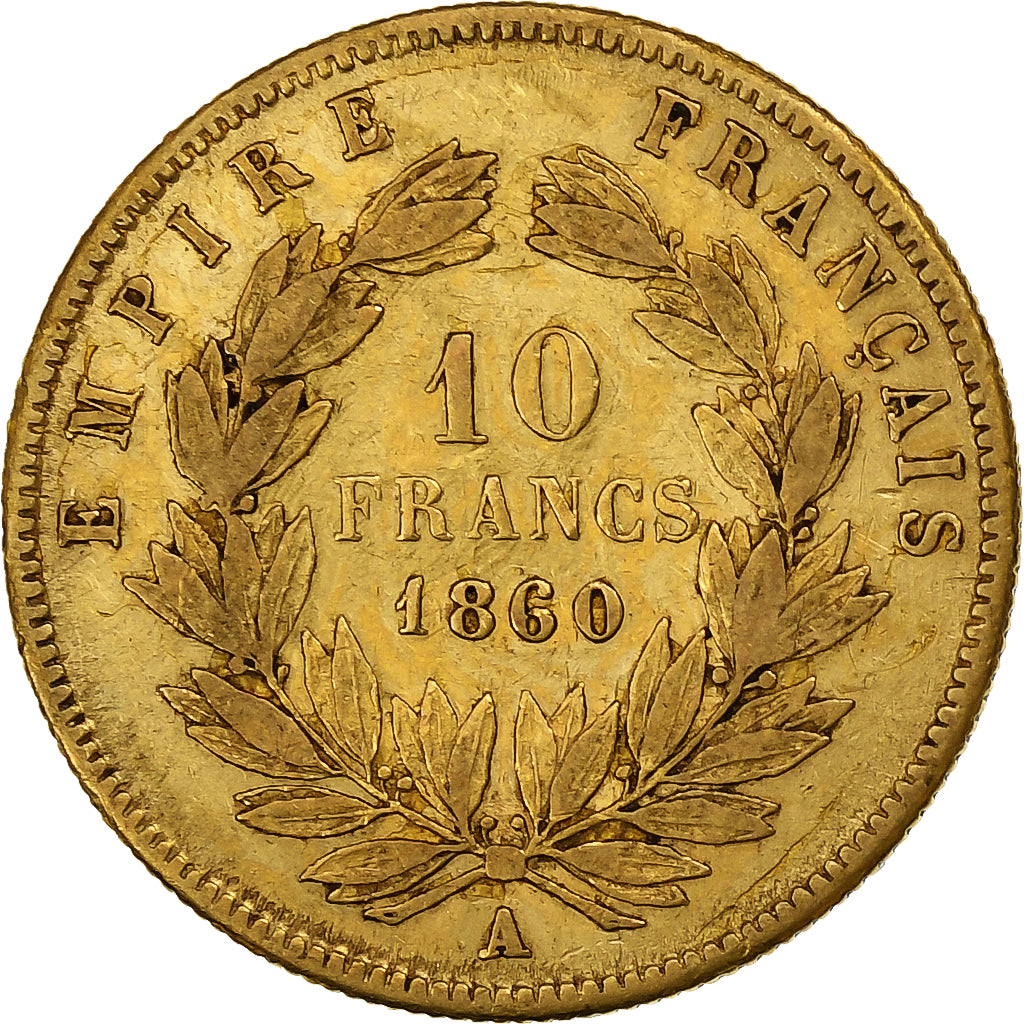 França, 10 Francs, Napoléon III, 1860, Paris, Dourado, VF(30-35)