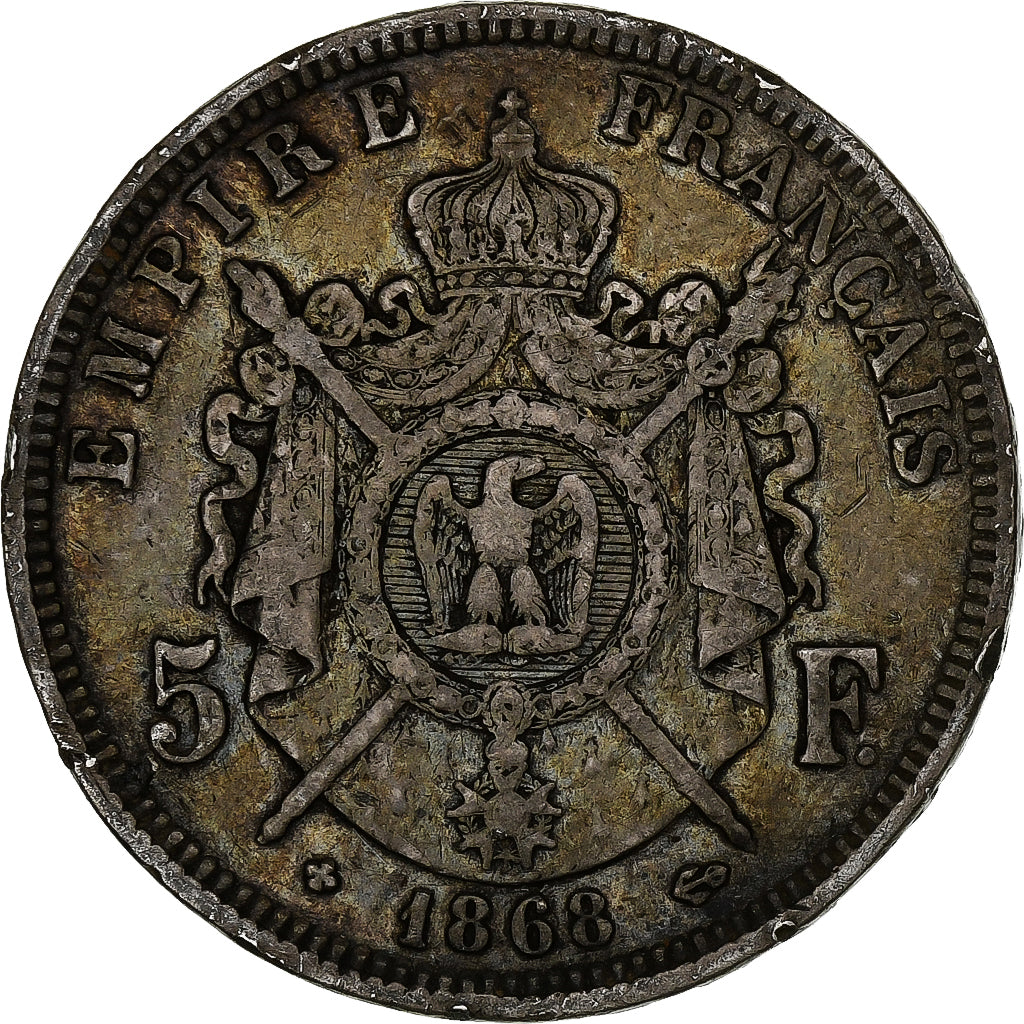 France, 5 Francs, Napoléon III, 1868, Strasbourg, Silver, VF(30-35)