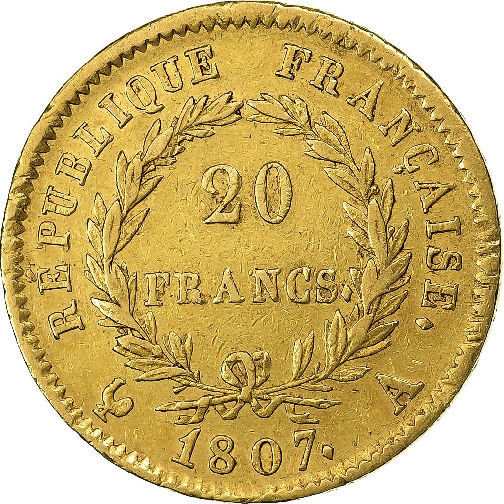 Francja, Napoleon I, 20 Francs, 1807, Paris, Złoto, VF(30-35), Le Franc:F.514