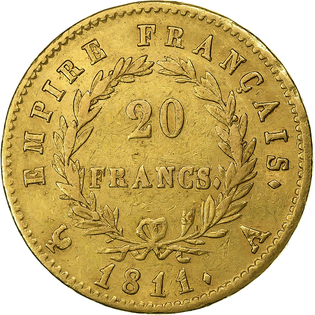 Francia, 20 Francs, Napoléon I, 1811, Paris, Oro, MB+, Gadoury:1025, KM:695.1