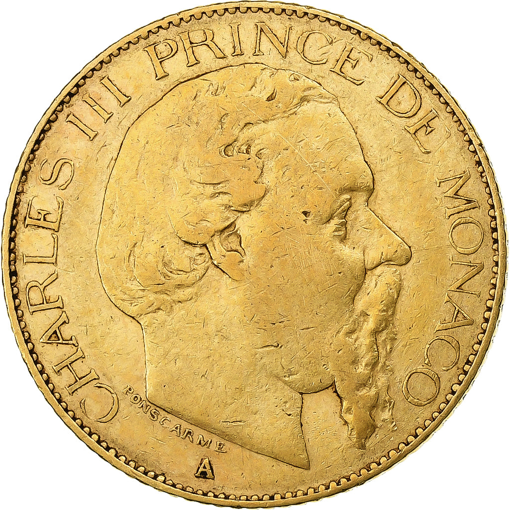 Monaco, Charles III, 20 Francs, Vingt, 1878, Paris, Gold, VF(30-35), KM:98