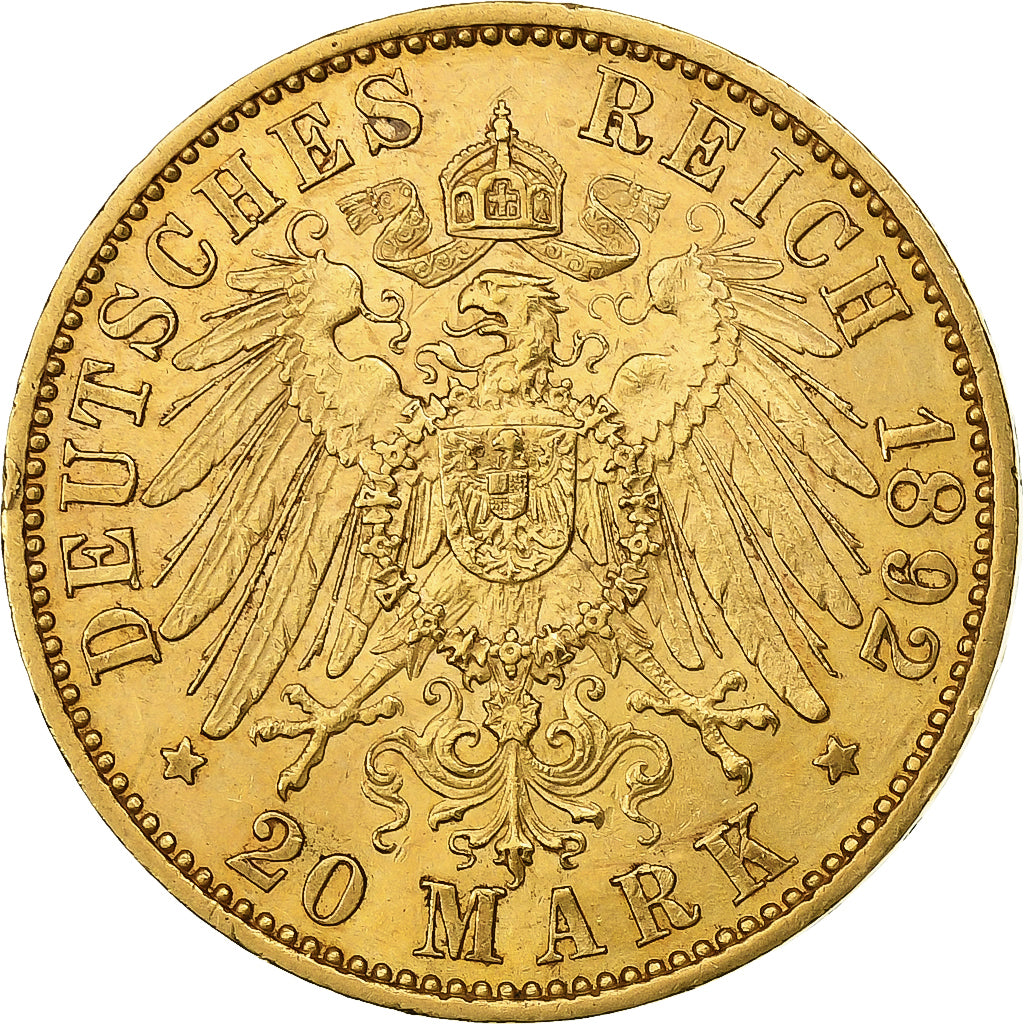 Estados alemanes, PRUSSIA, Wilhelm II, 20 Mark, 1892, Berlin, Oro, EBC+, KM:521