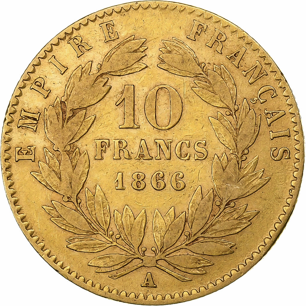 França, Napoleon III, 10 Francs, 1866, Paris, Dourado, EF(40-45), Gadoury:1015