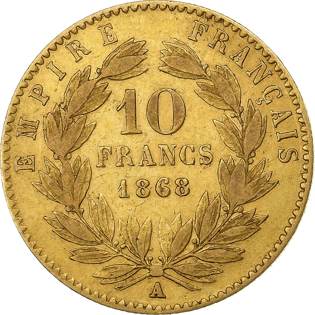 França, Napoleon III, 10 Francs, 1868, Paris, Dourado, EF(40-45), Gadoury:1015