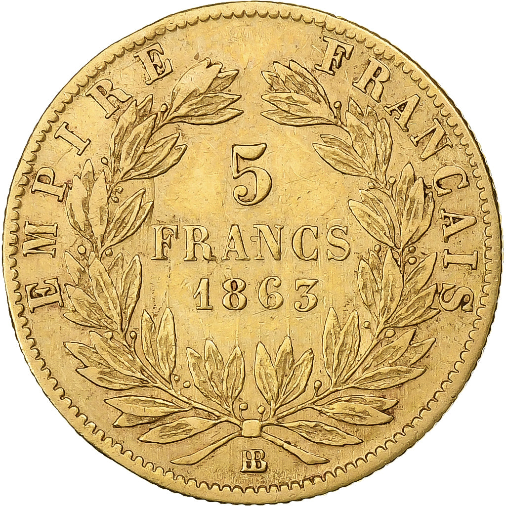 Frankreich, Napoleon III, 5 Francs, 1863, Strasbourg, Gold, S+, Gadoury:1002