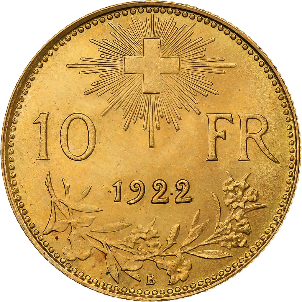 Switzerland, 10 Francs, 1922, Bern, Gold, MS(63), KM:36