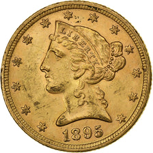 USA, $5, Half Eagle, Coronet Head, 1895, Philadelphia, Złoto, AU(55-58), KM:101