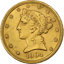 Verenigde Staten, $5, Half Eagle, Coronet Head, 1904, Philadelphia, Goud, PR