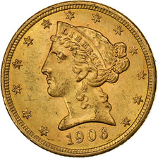 USA, $5, Half Eagle, Coronet Head, 1906, Philadelphia, Złoto, AU(55-58), KM:101