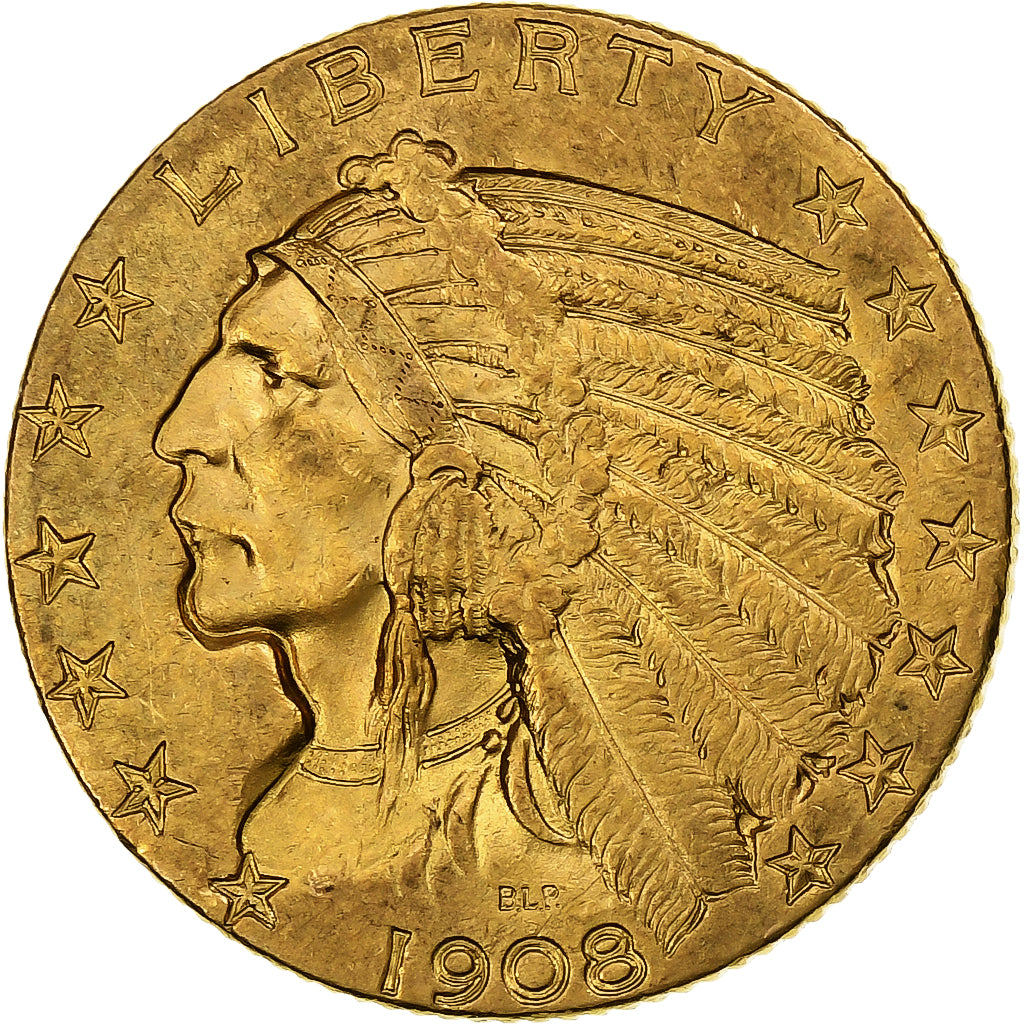 United States, $5, Half Eagle, Indian Head, 1908, Philadelphia, Gold, AU(50-53)