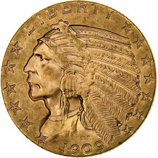 United States, $5, Half Eagle, Indian Head, 1909, Philadelphia, Gold, AU(50-53)