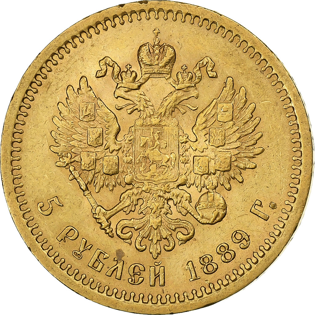 Rusia, Alexander III, 5 Roubles, 1889, Saint Petersburg, Oro, MBC+, KM:42
