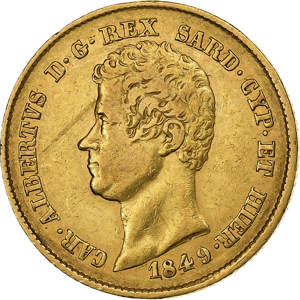 DEPARTAMENTY WŁOSKIE, SARDINIA, Carlo Alberto, 20 Lire, 1849, Torino, Złoto