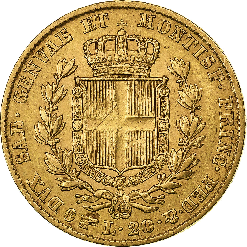 DEPARTAMENTY WŁOSKIE, SARDINIA, Carlo Alberto, 20 Lire, 1849, Torino, Złoto