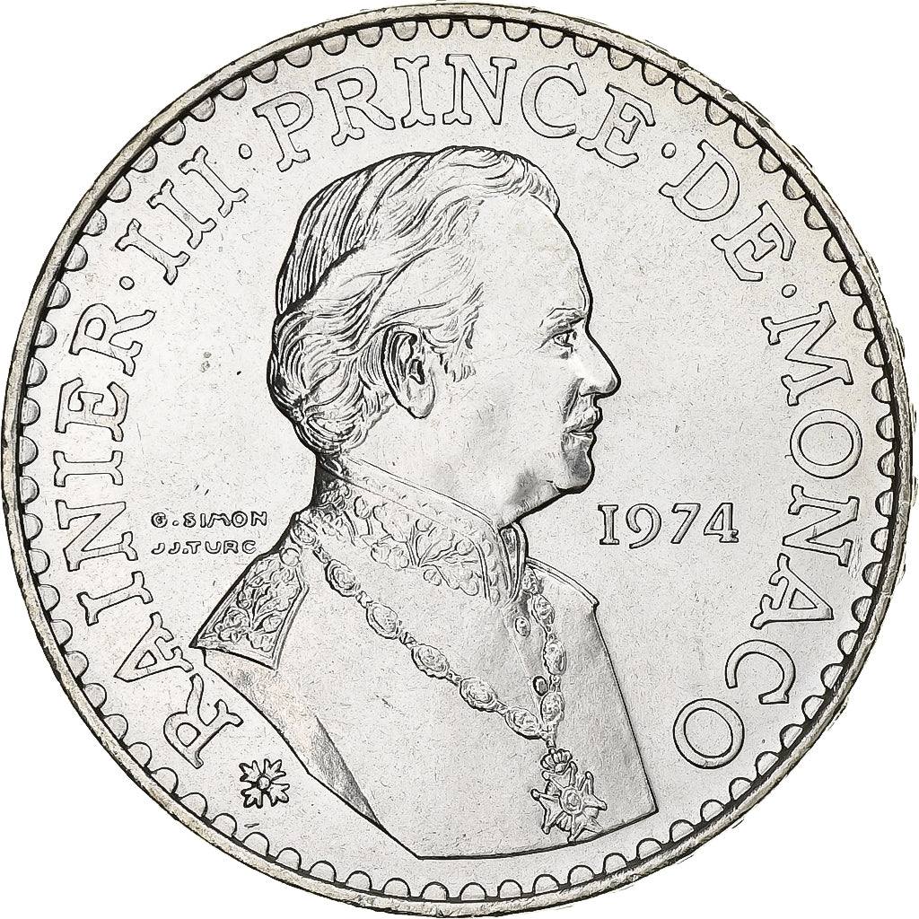 Monaco, Rainier III, 50 Francs, 1974, Silver, MS(60-62), KM:152.1