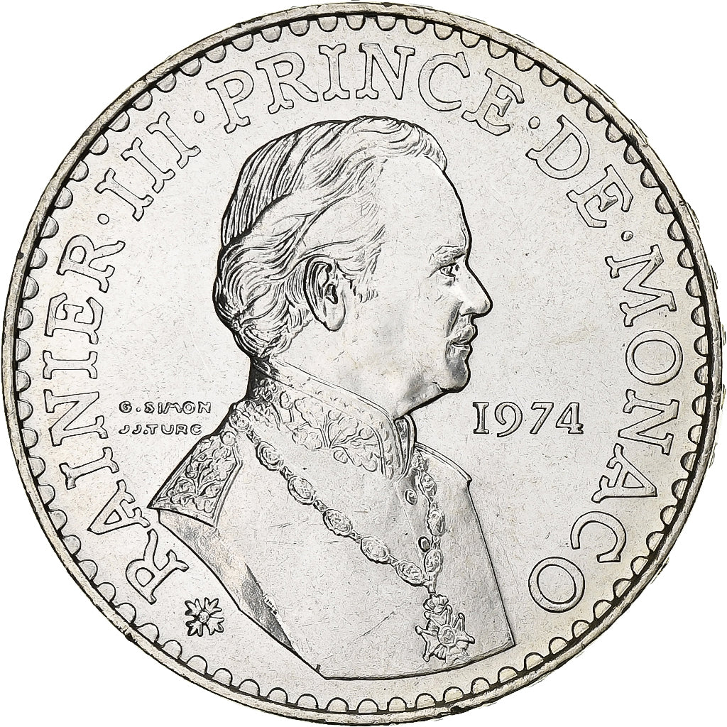 Monaco, Rainier III, 50 Francs, 1974, Silver, AU(55-58), KM:152.1