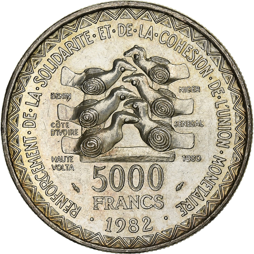 West African States, 5000 Francs, 1982, Silver, AU(55-58), KM:11
