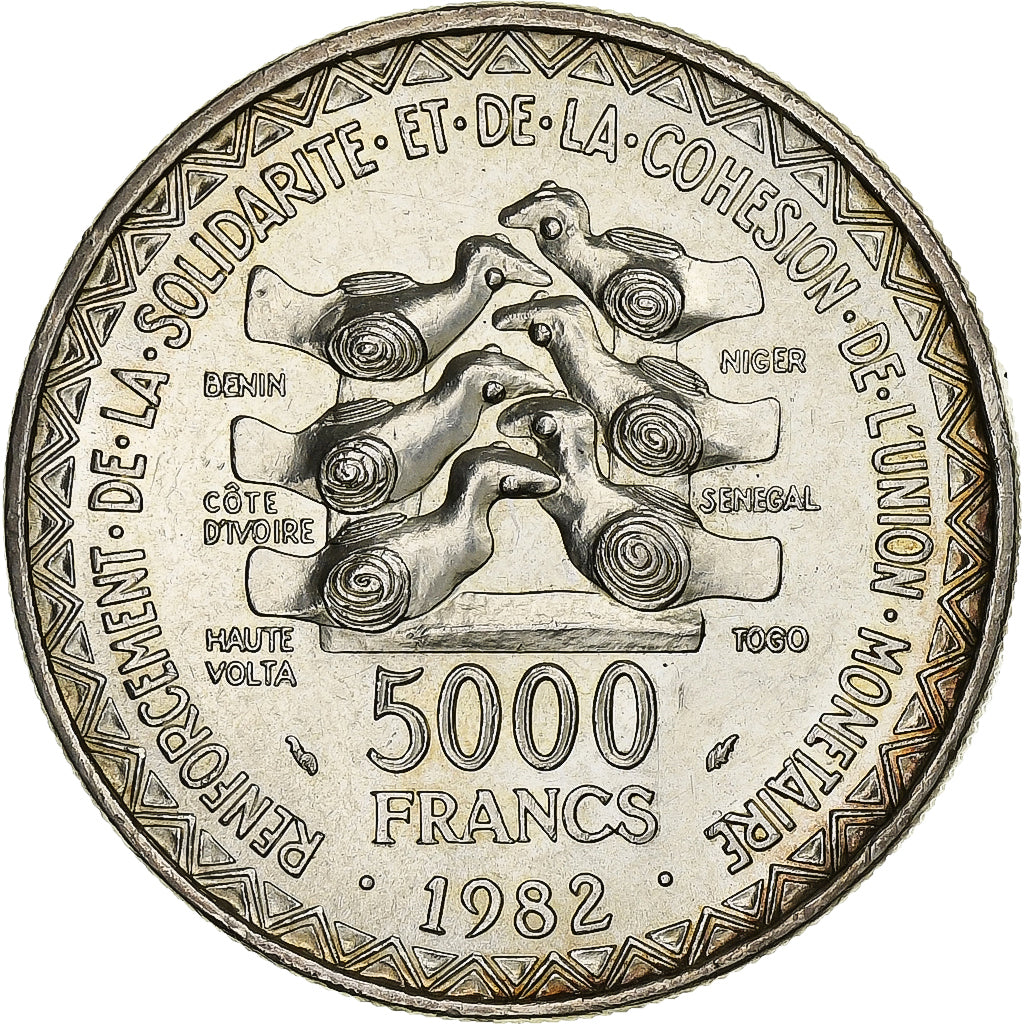 West African States, 5000 Francs, 1982, Silver, MS(60-62), KM:11