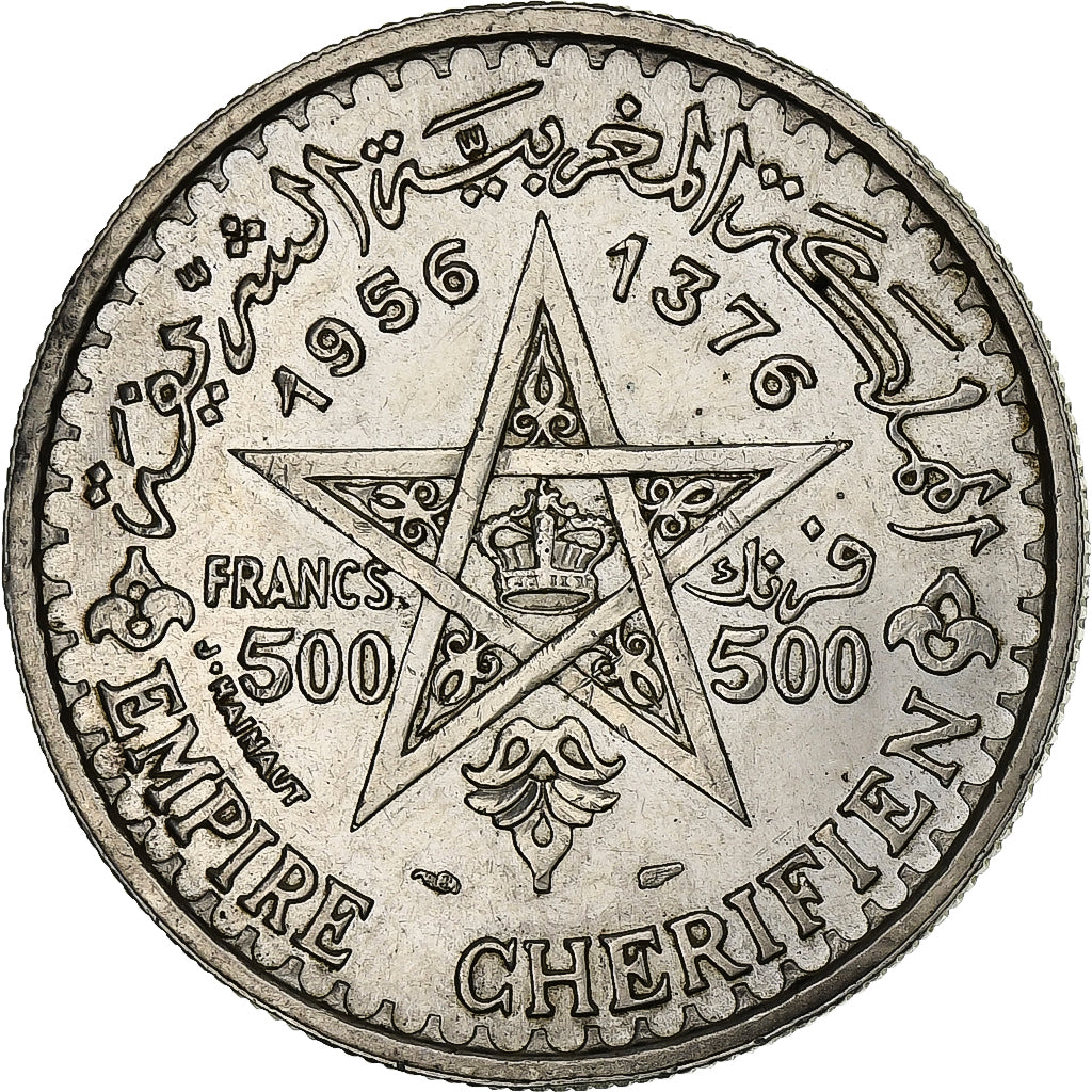 Morocco, Mohammed V, 500 Francs, 1956, Paris, Silver, EF(40-45), KM:54