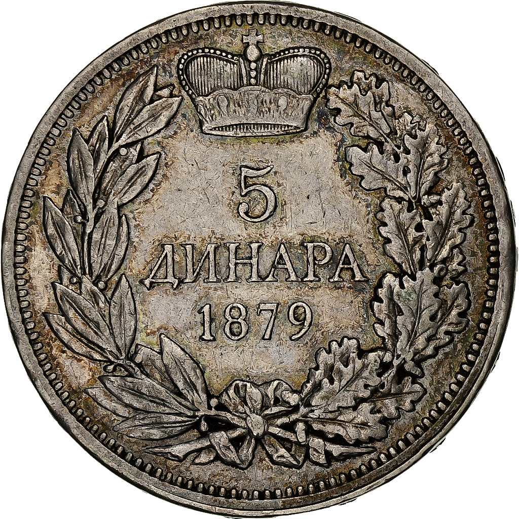 Serbia, Milan I, 5 Dinara, 1879, Silver, EF(40-45), KM:12