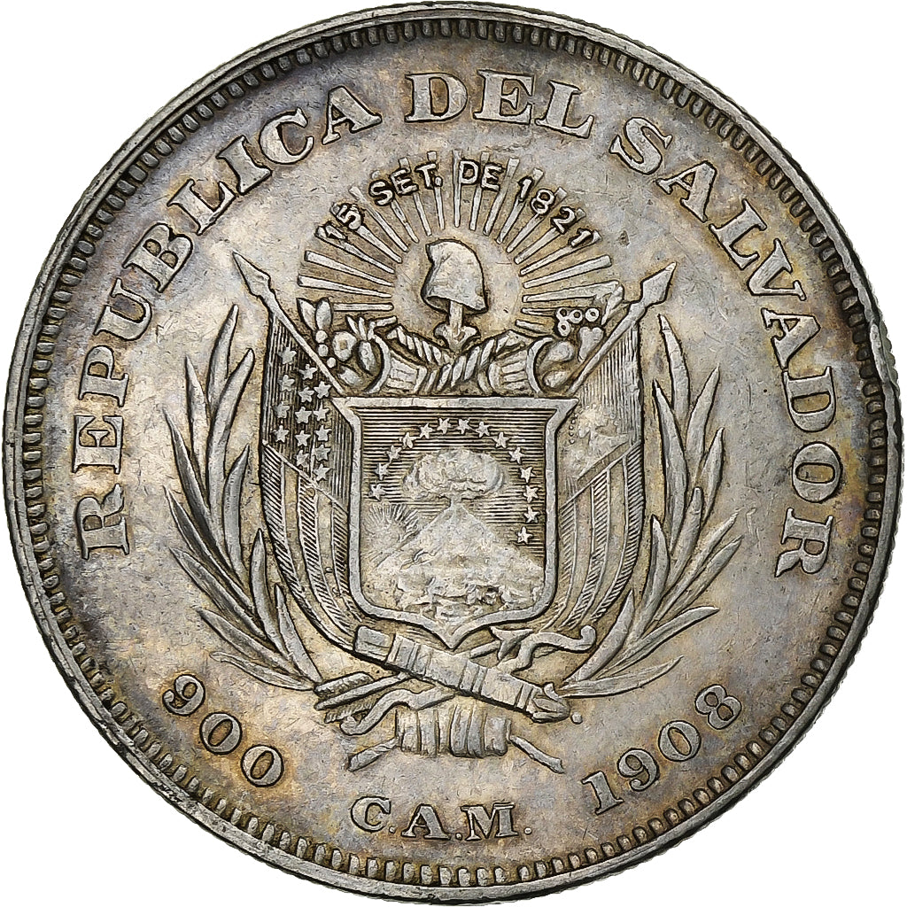 Salvador, Peso, Colon, 1908, Central American Mint, Argent, TTB, KM:115.1