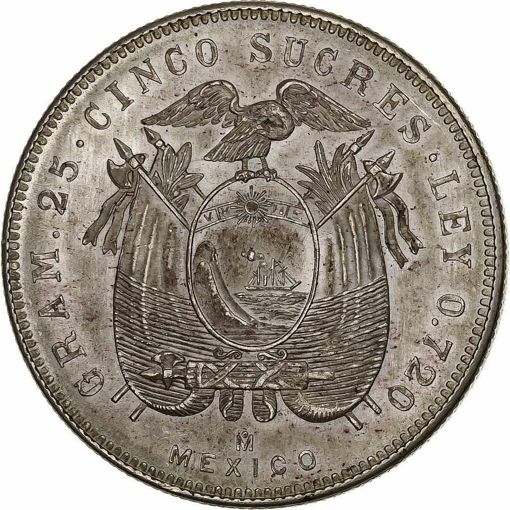 Ecuador, 5 Sucres, Cinco, 1943, Mexico City, Plata, EBC+, KM:79