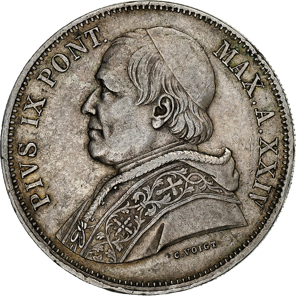 ITALIAN STATES, PAPAL STATES, Pius IX, 5 Lire, 1870, Rome, Silver, EF(40-45)