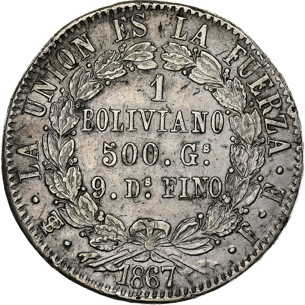 Bolivia, Boliviano, 1867, Potosi, Silver, EF(40-45), KM:152.2