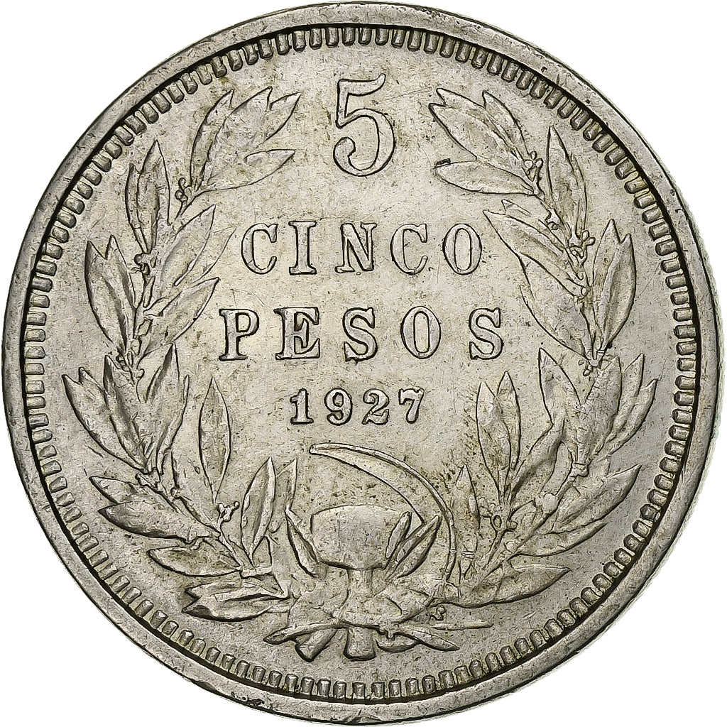 Chile, 5 Pesos, 1927, Santiago, Silver, EF(40-45), KM:173.1