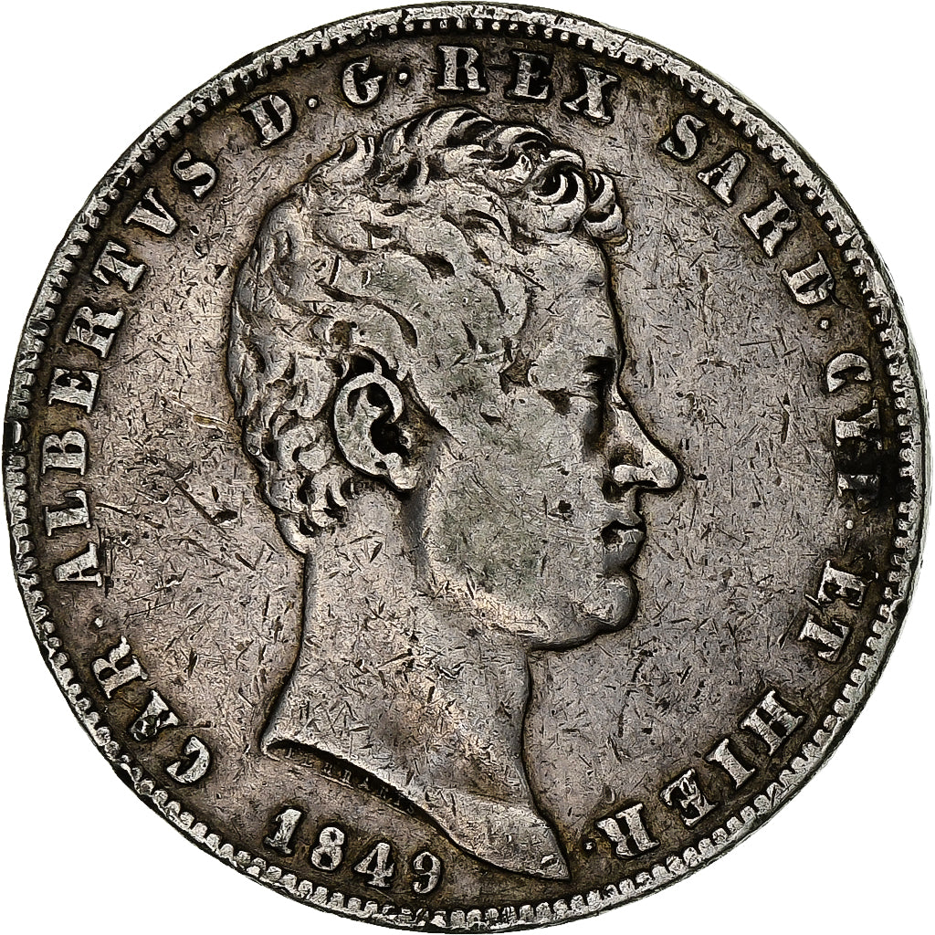 DEPARTAMENTY WŁOSKIE, SARDINIA, Carlo Alberto, 5 Lire, 1849, Genoa, Srebro