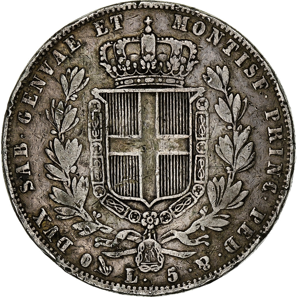 DEPARTAMENTY WŁOSKIE, SARDINIA, Carlo Alberto, 5 Lire, 1849, Genoa, Srebro