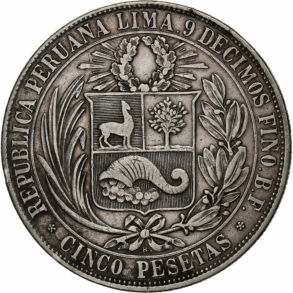Peru, 5 Pesetas, 1880, Lima, Silver, EF(40-45), KM:201.2