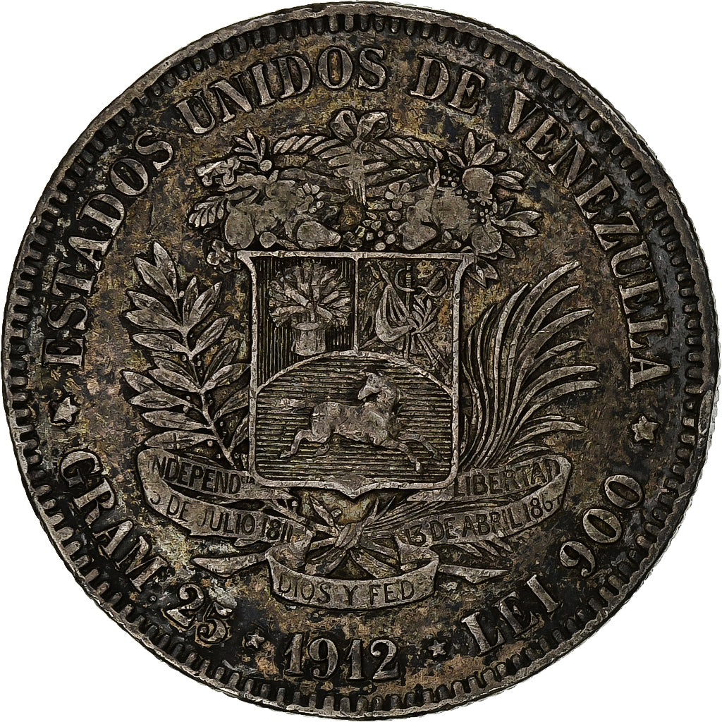 Venezuela, Gram 25, 5 Bolivares, 1912, Silver, EF(40-45), KM:24.2