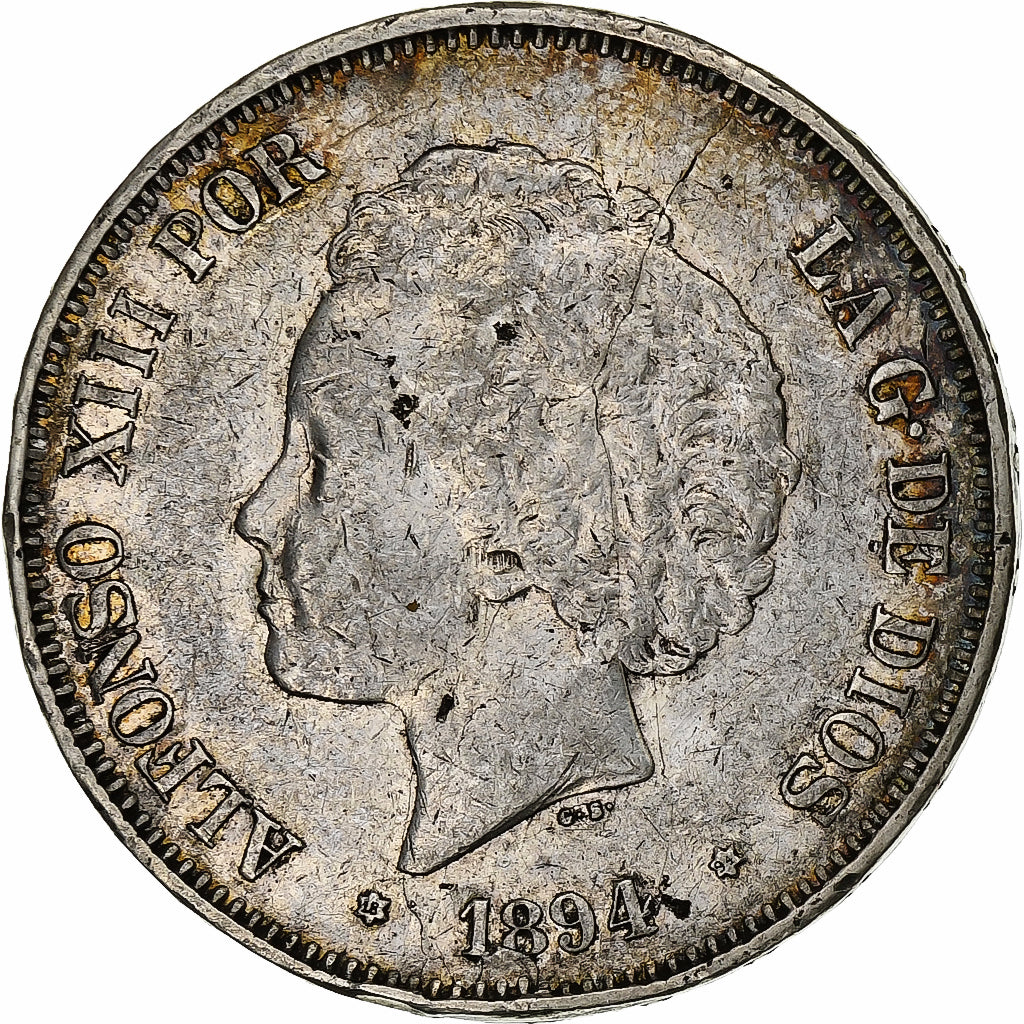 Spain, Alfonso XIII, 5 Pesetas, 1894, Valencia, Silver, VF(30-35), KM:700