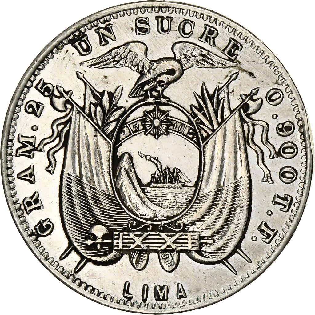 Ecuador, Sucre, Un, 1890, Lima, Silver, AU(50-53), KM:53.3