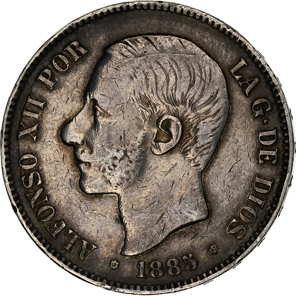 Spain, Alfonso XII, 5 Pesetas, 1885 (87), Madrid, Silver, VF(30-35), KM:688