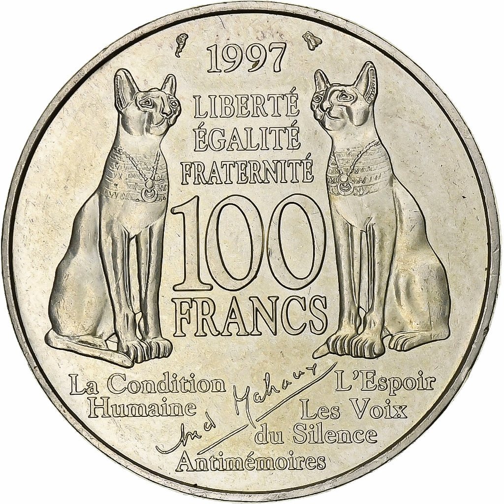 França, 100 Francs, André Malraux, 1997, Prata, AU(50-53), KM:1188