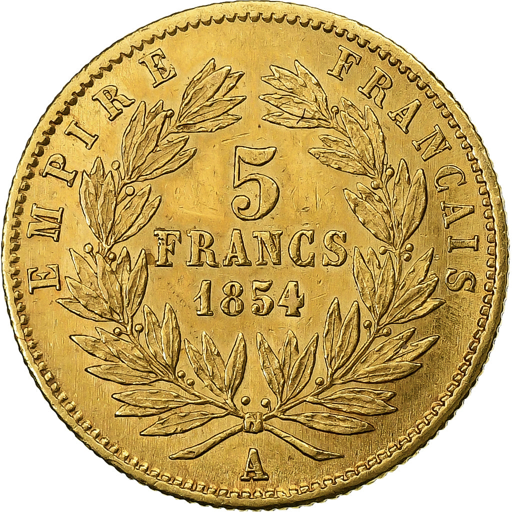 France, 5 Francs, Napoléon III, 1854, Paris, tranche cannelée, Gold