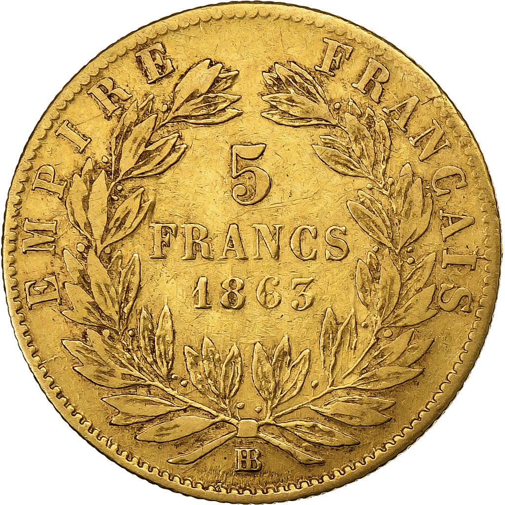 France, 5 Francs, Napoléon III, 1863, Strasbourg, Gold, EF(40-45)
