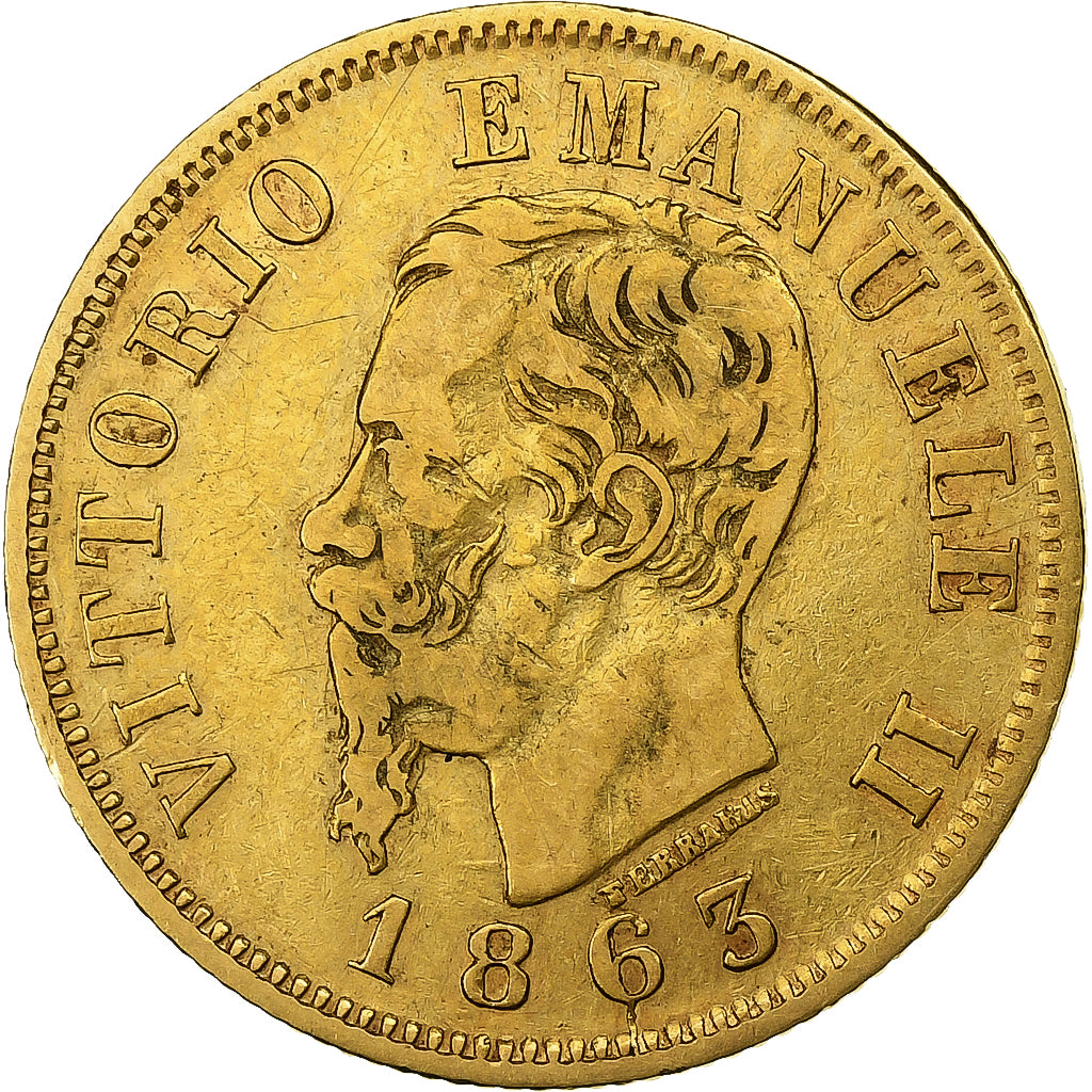 Italia, Vittorio Emanuele II, 10 Lire, 1863, Torino, Oro, MB+, KM:9.3