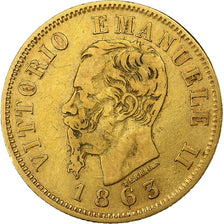 Italia, Vittorio Emanuele II, 10 Lire, 1863, Torino, Oro, MB+, KM:9.3