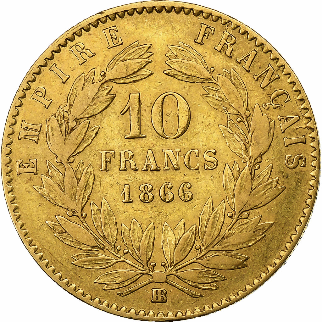 França, 10 Francs, Napoléon III, 1866, Strasbourg, Dourado, EF(40-45)