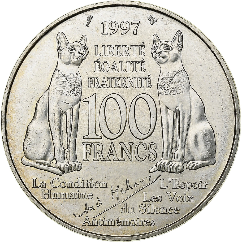 France, 100 Francs, André Malraux, 1997, Silver, MS(63), Gadoury:954, KM:1188