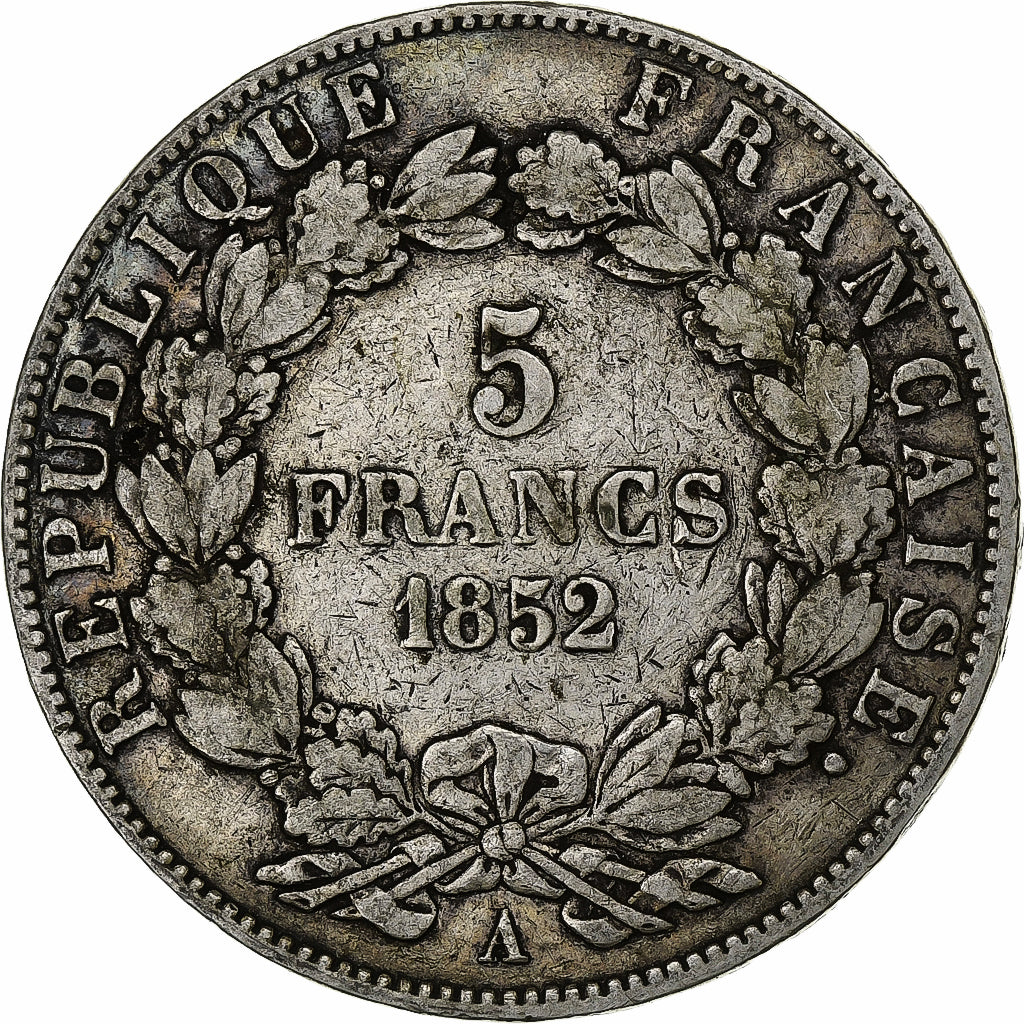 Francja, Louis-Napoléon Bonaparte, 5 Francs, 1852, Paris, Srebro, VF(20-25)