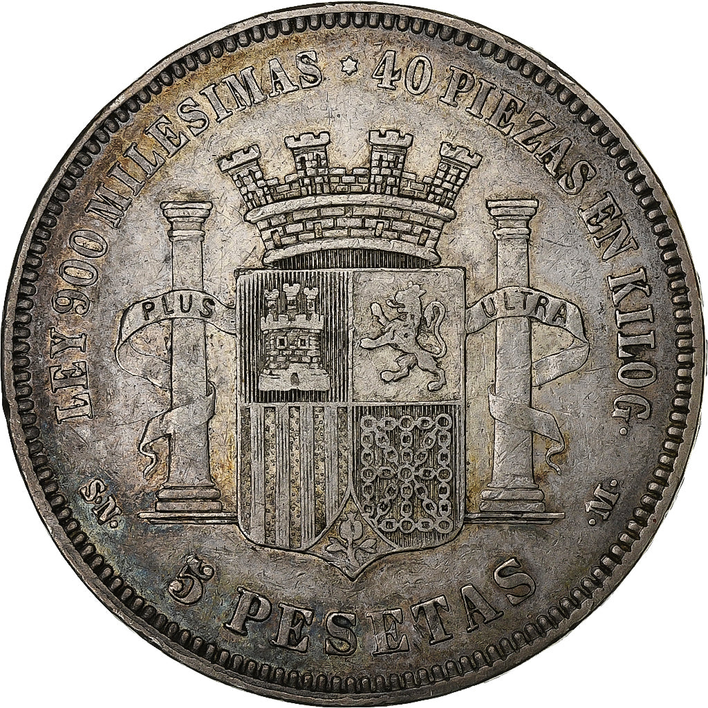 Spain, Provisional Government, 5 Pesetas, 1870, Madrid, Silver, EF(40-45)