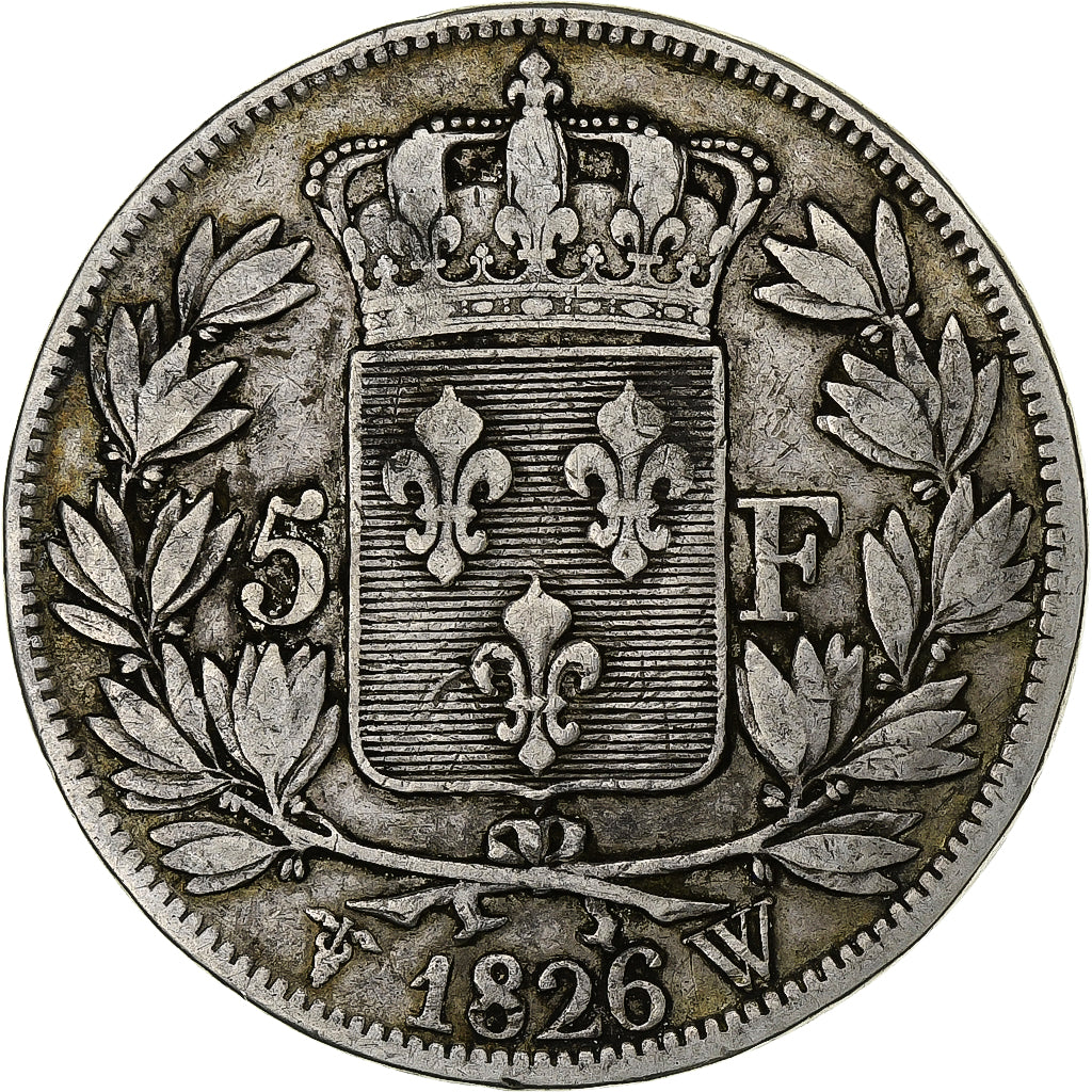 Francia, Charles X, 5 Francs, 1826, Lille, Plata, BC+, Gadoury:643