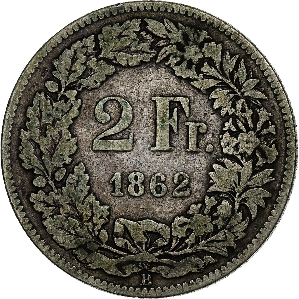 Suiza, 2 Francs, 1862, Bern, Plata, BC+, KM:10a