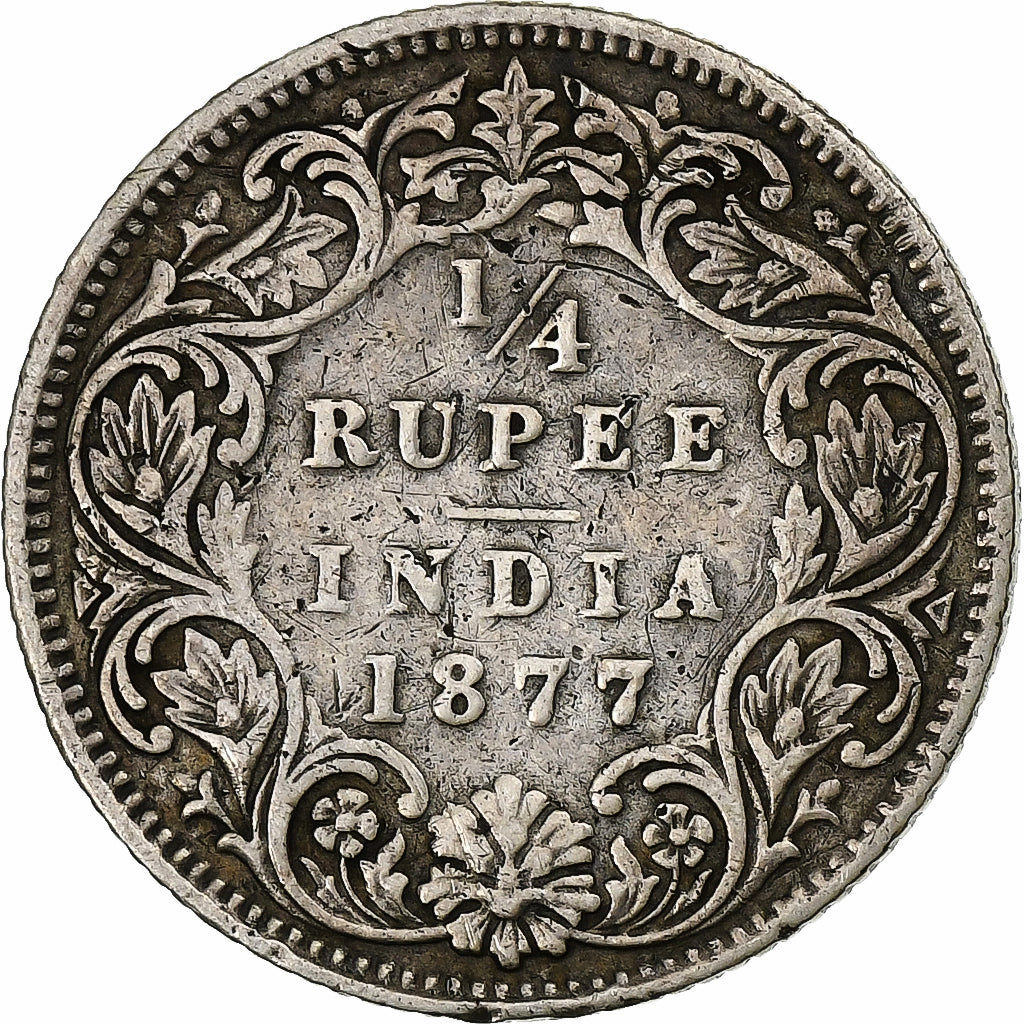 INDIA-BRITISH, Victoria, 1/4 Rupee, 1877, Bombay, Silver, VF(20-25), KM:490