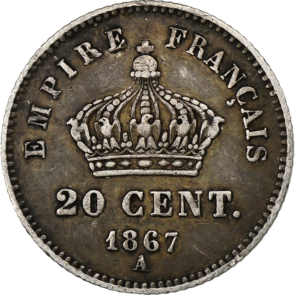 Frankrijk, 20 Centimes, Napoléon III, 1867, Paris, Zilver, ZF, Gadoury:309