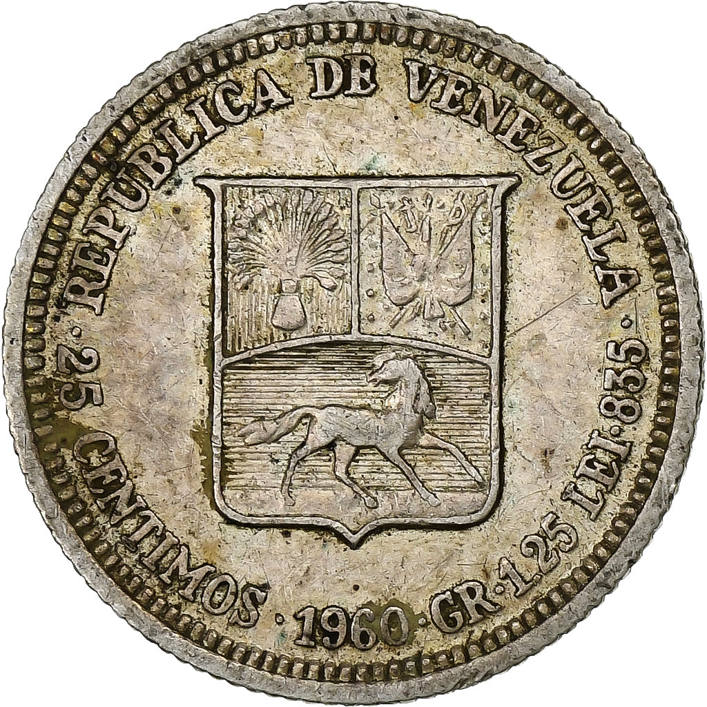 Venezuela, 25 Centimos, 1960, Zilver, ZF, KM:35a